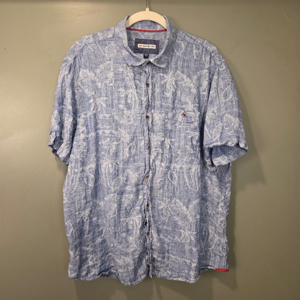 32 Bar Blues 100% Linen Tropical Print Short Sleeve Button‎ Up, Size XL, Blue